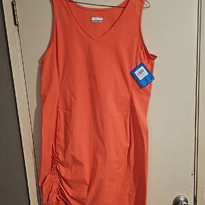 Chic Orange Sleeveless Dress with Ruched Detail